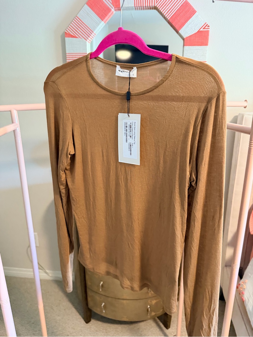 NWT Lightweight Sheer Long-Sleeve Crewneck Top - Camel
